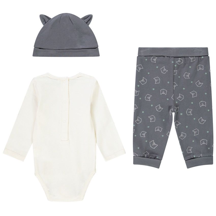 Ensemble en jersey bonnet + body + caleçon imprimé renard pour bébé garçon - Gris chiné