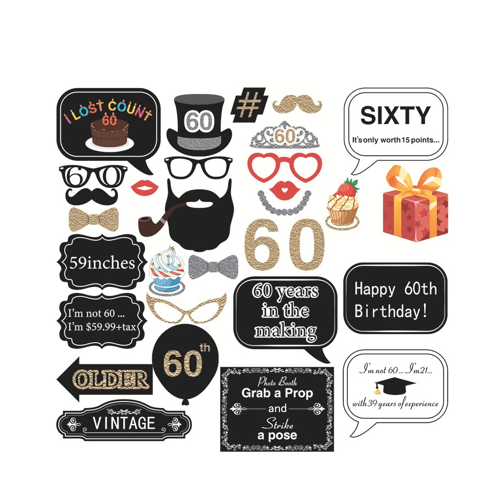 (31er Set) Photo Booth Fotorequisiten Happy Birthday Party Foto Accessoires Dekorationen für lustige Bilder - 60. Geburtstag