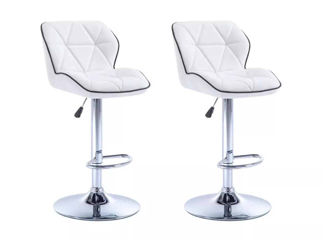 Lot de 2 tabourets de bar en simili et acier chromé - Hauteur réglable - Blanc - CALVIN