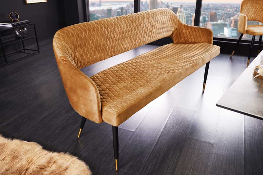 Design Sitzbank PARIS 160cm senfgelb Samt Retro Rückenlehne