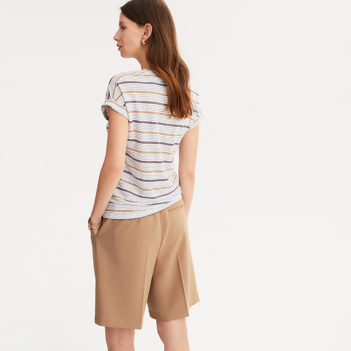 ANNE WEYBURN<br>Camiseta listrada de linho, gola redonda, mangas curtas