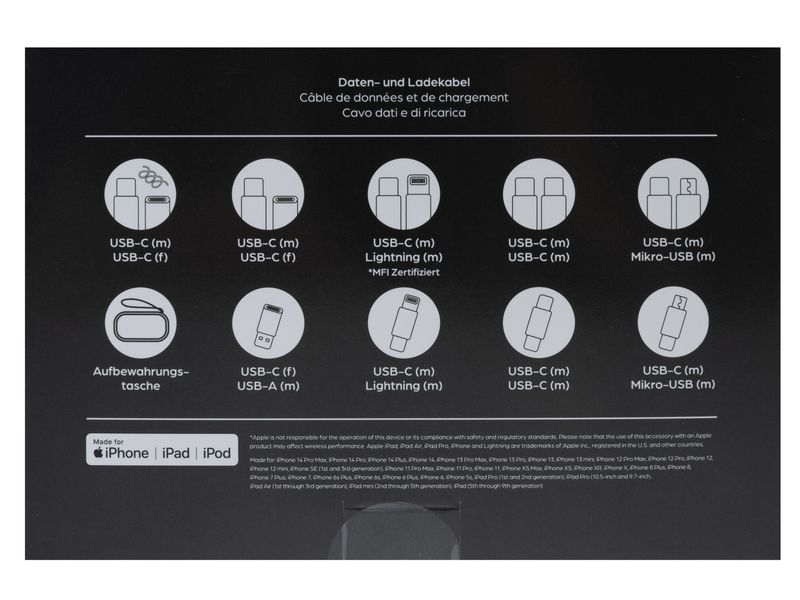 onit USB-Kabel All-in-One Premium 240 W, 2.6 m USB-Kabel mit Adaptern für alle Geräte und Anwendungen