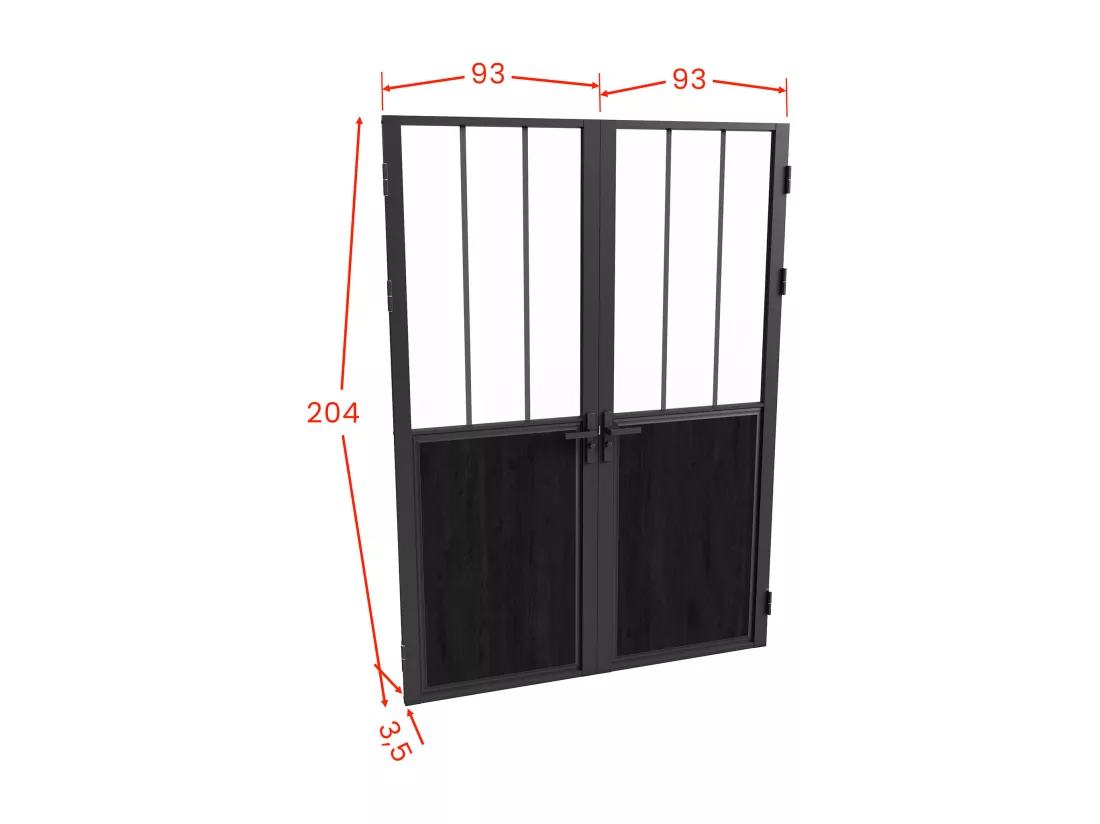 Bloc porte réversible à deux battants en aluminium et verre trempé style atelier - 2 x H204 x L93 cm - Noir - ERMELO