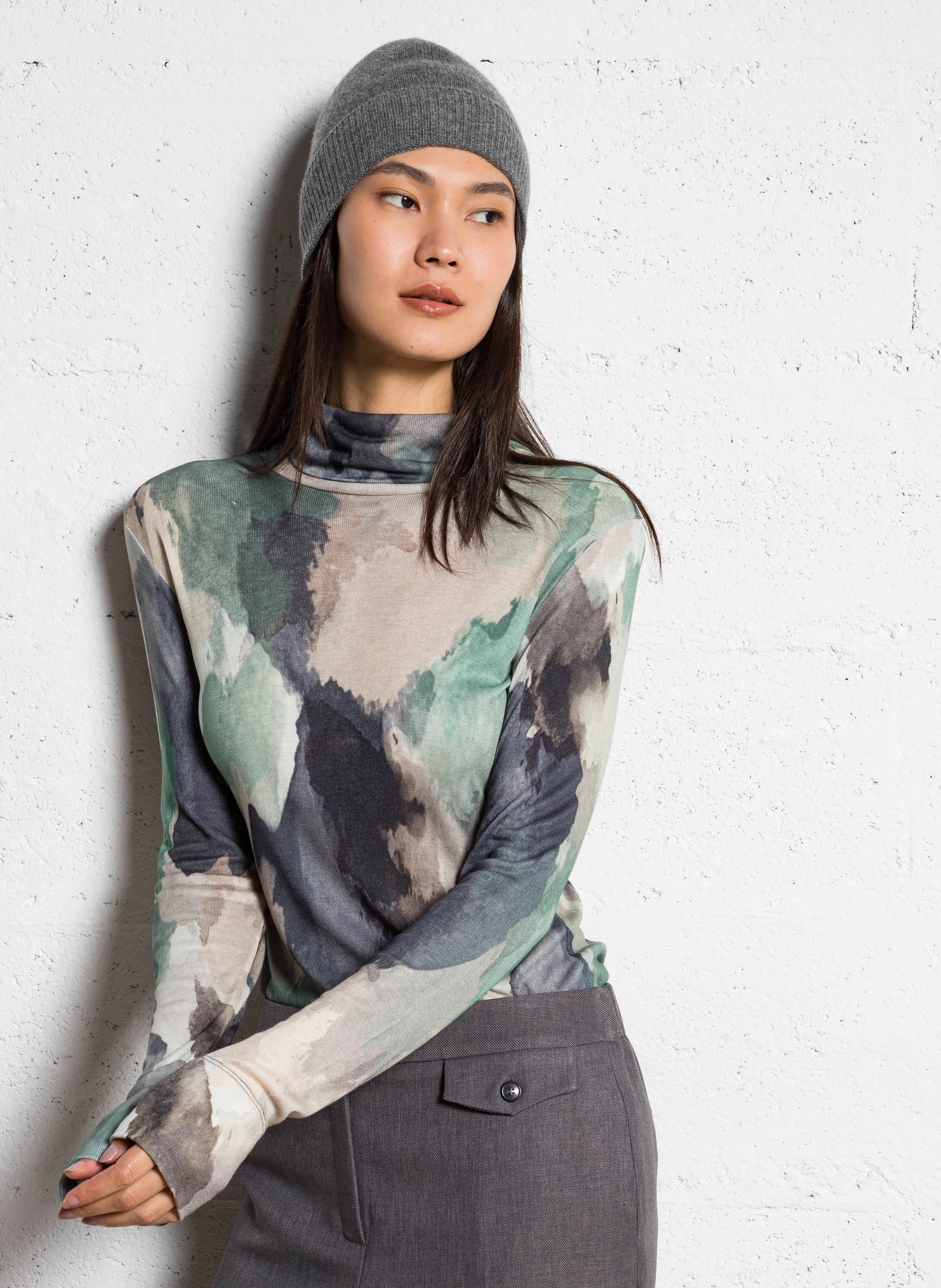 Pull col roulé imprimé| Kaki