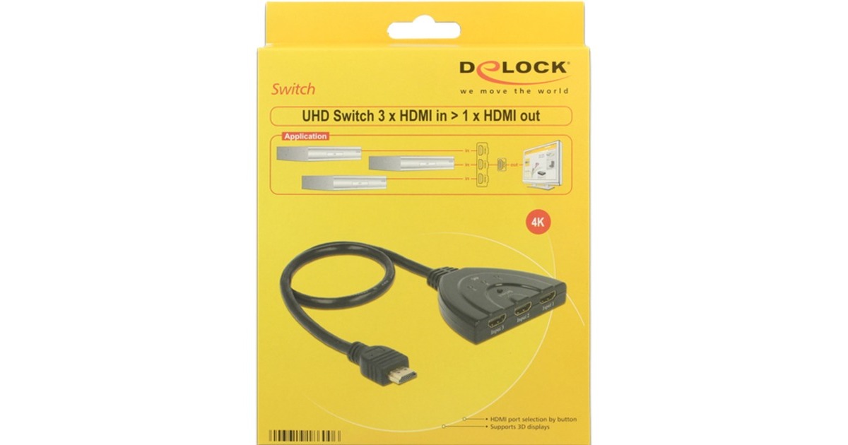 DeLOCK3 x HDMI in > 1 x HDMI out hdmi switch  (Zwart, 50 centimeter, 4K)