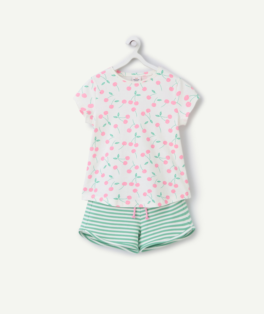 pyjama fille en coton bio imprimé rayé et cerise rose et vert