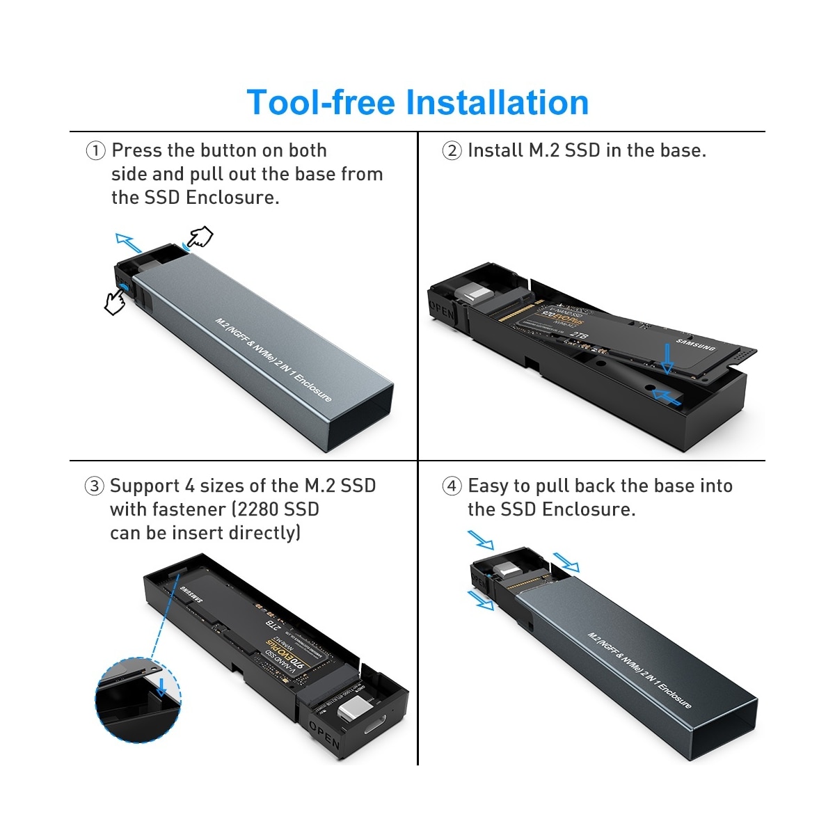 NÖRDIC Eksternt lagringsskap M.2 NVMe og SATA SSD for USB-A og USB-C M-Key B-Key og B+M Key UASP 2280 2260 2242 2230