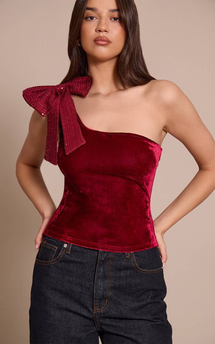 Rouge Bordeaux Haut Long Asymétrique En Velours À Sequins Avec Détail Nœud