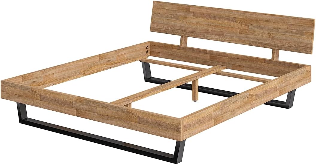 skølm Alver Massivholzbett 180x200 cm – Bettgestell aus Massivholz Eiche geölt – Holzbett mit schwarzen Metallkufen – hochwertiges Bett mit 1 Strebe als Bettkopf – Bettrahmen geeignet als Doppelbett