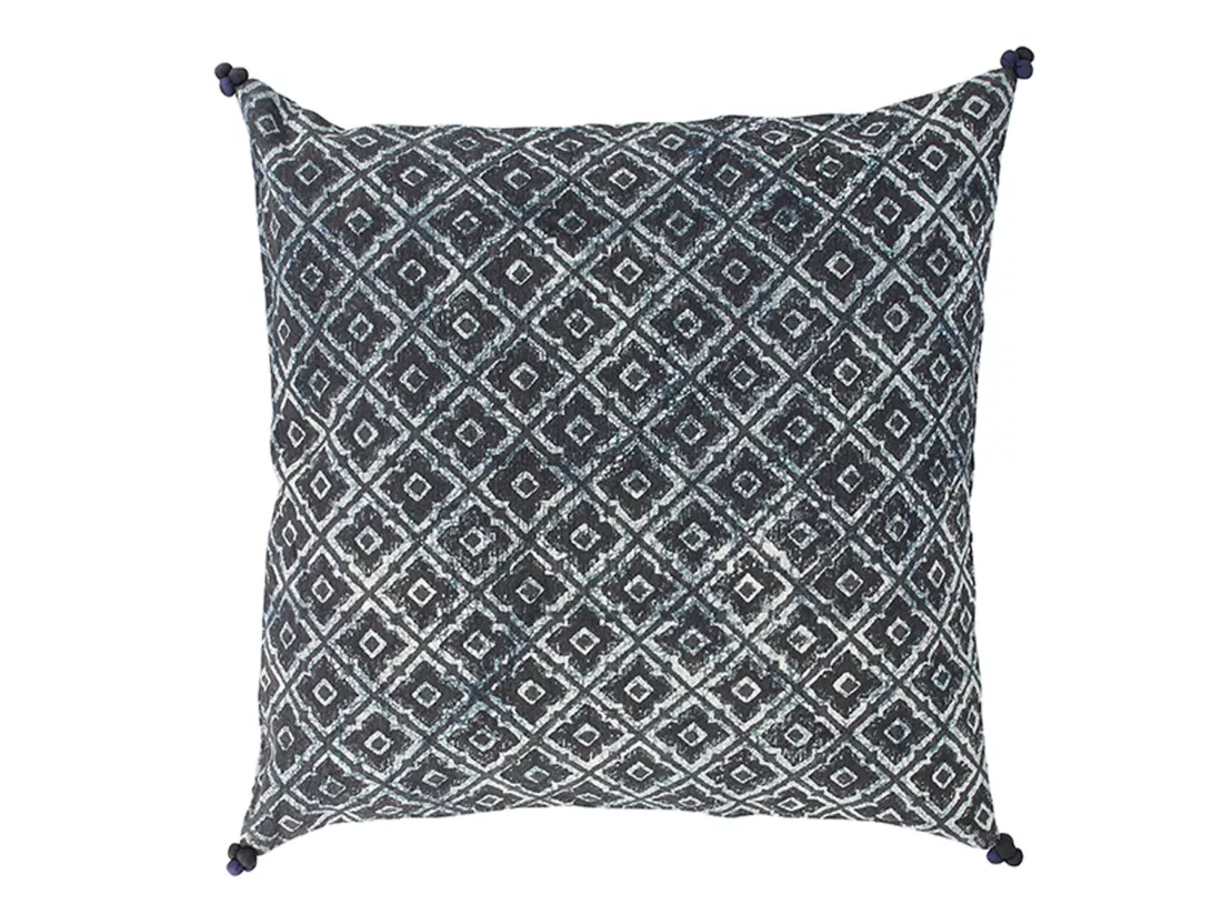 Now's Home - Coussin En Coton Imprime Bleu Et Noir 4 Pompons 45x45 Cm Wild