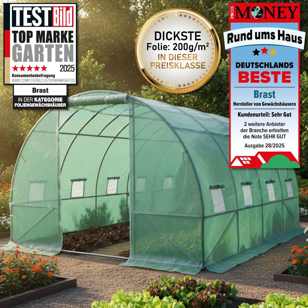 BRAST Gewächshaus Foliengewächshaus mit Stahlfundament | 2x3m - 3x8m | inkl. Erdanker Unkrautvlies & 8 Aufrollbare Fenster mit Moskitonetz | UV-stabilisierte Gitterschutzfolie 200g/m² | 300x400cm