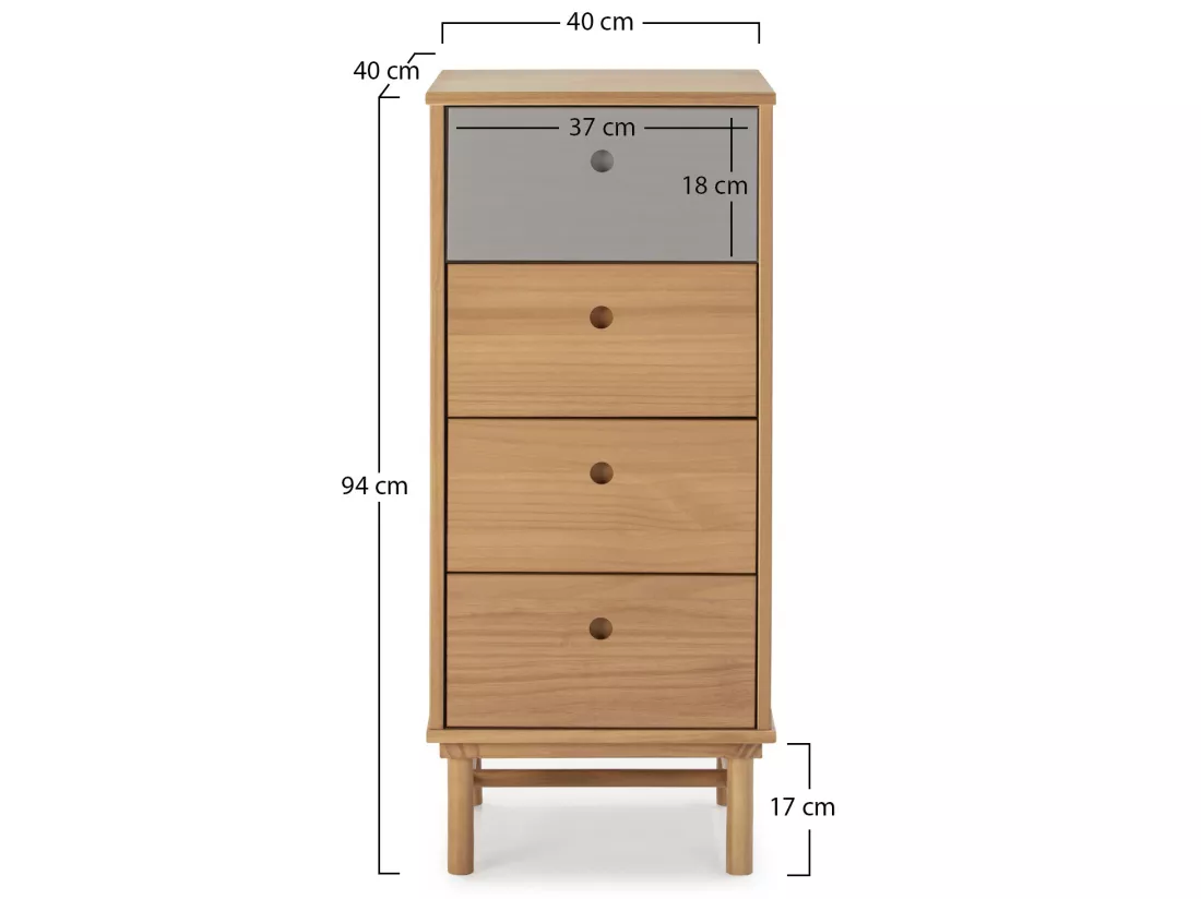 Chiffonnier de nuit Magnus 4 tiroirs, bois massif, 40 cm Largeur