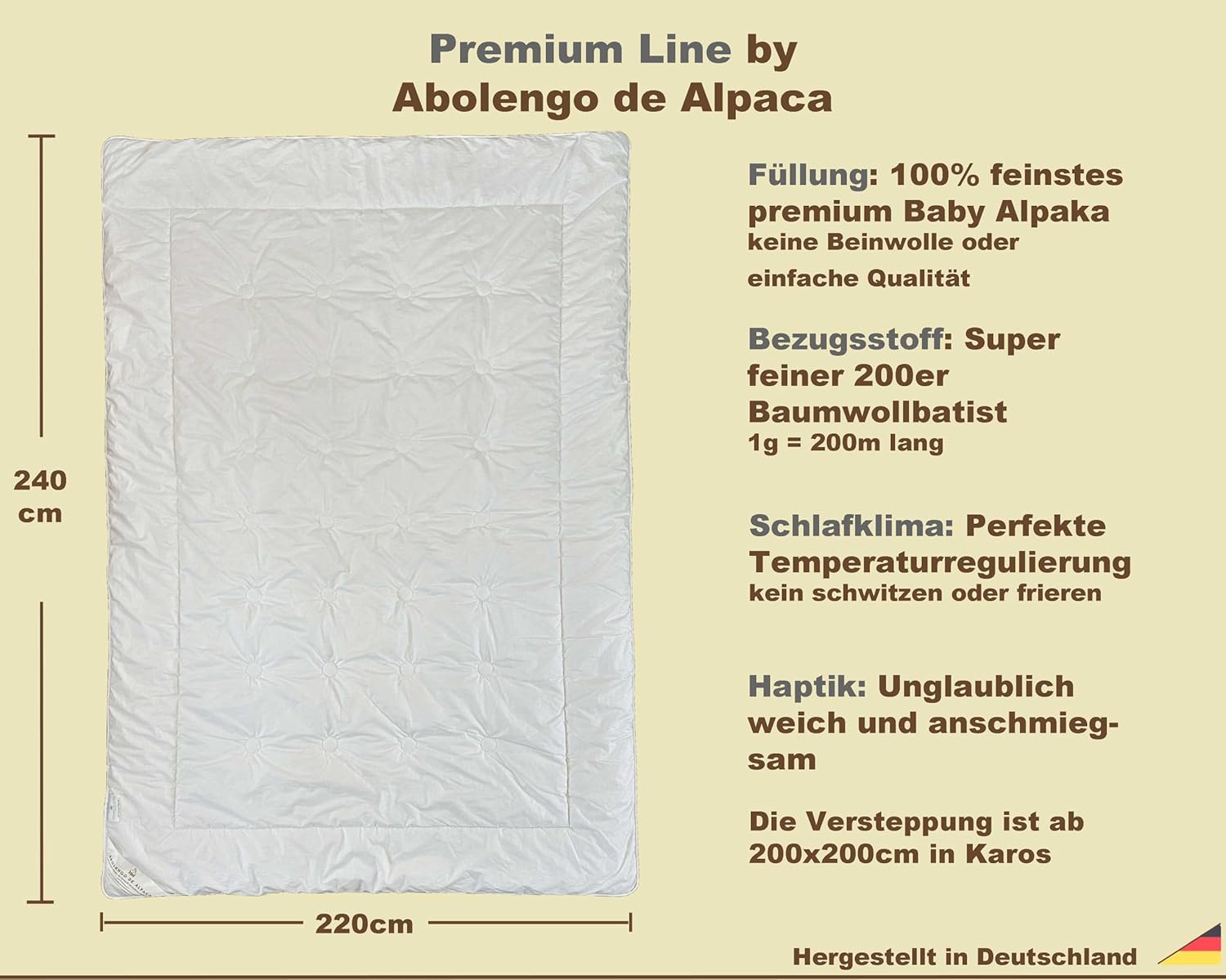 Alpaka Bettdecke Ganzjahresdecke, Premium Line, 100% Baby Alpaka Füllung (1785g), Bezugsstoff: 200er Baumwollbatist, Temperaturregulierend, 220x240cm, Ideal für das ganze Jahr