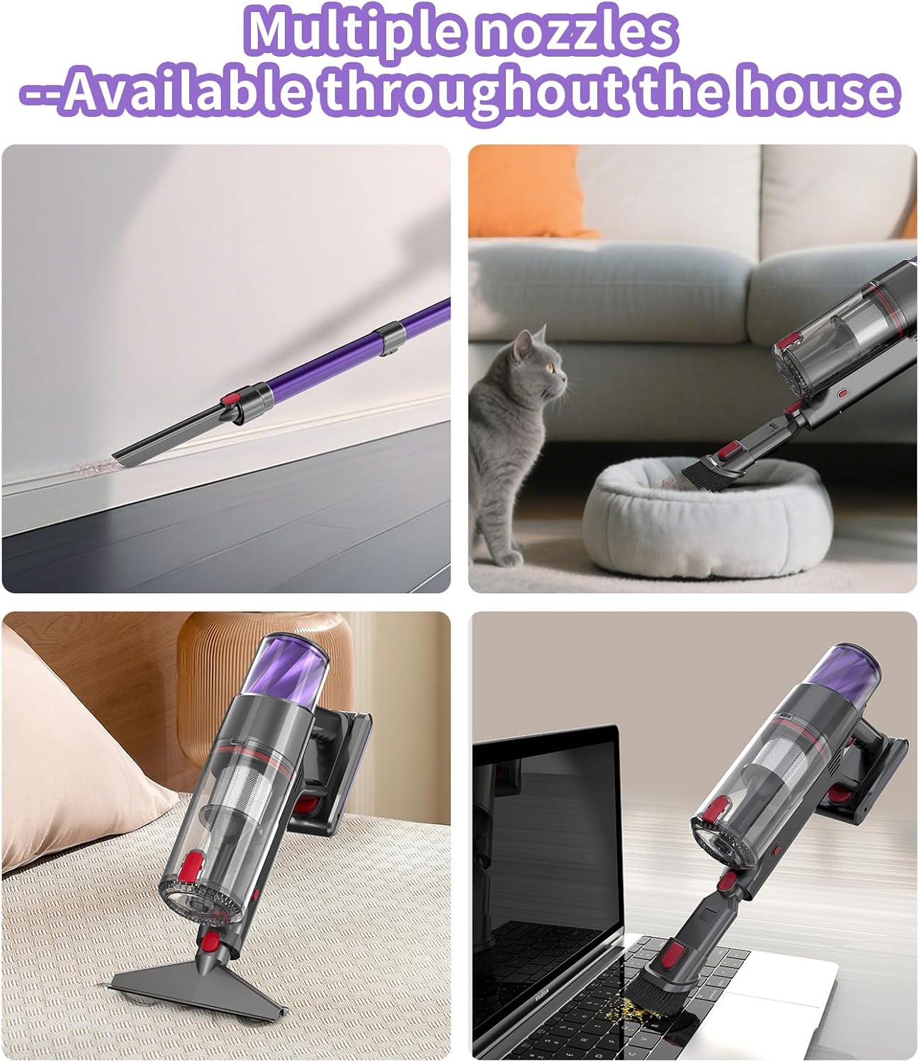 AKKU Staubsauger Kabellos 550W 50Kpa Leistungstark, Akku Sauger Beutellos mit Touchscreen Selbststehend Anti-Tangle, für Teppiche Hartböden Bett Auto