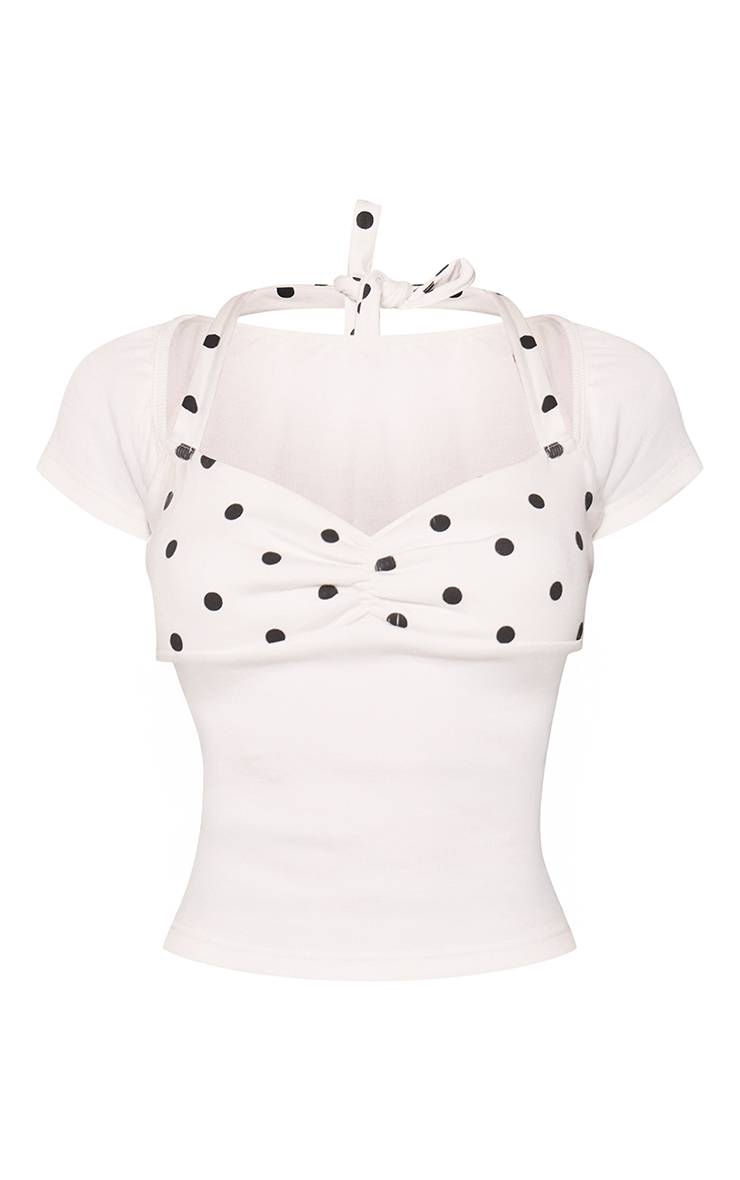 Blanc Top Ajusté Côtelé À Pois Avec Détails Petite