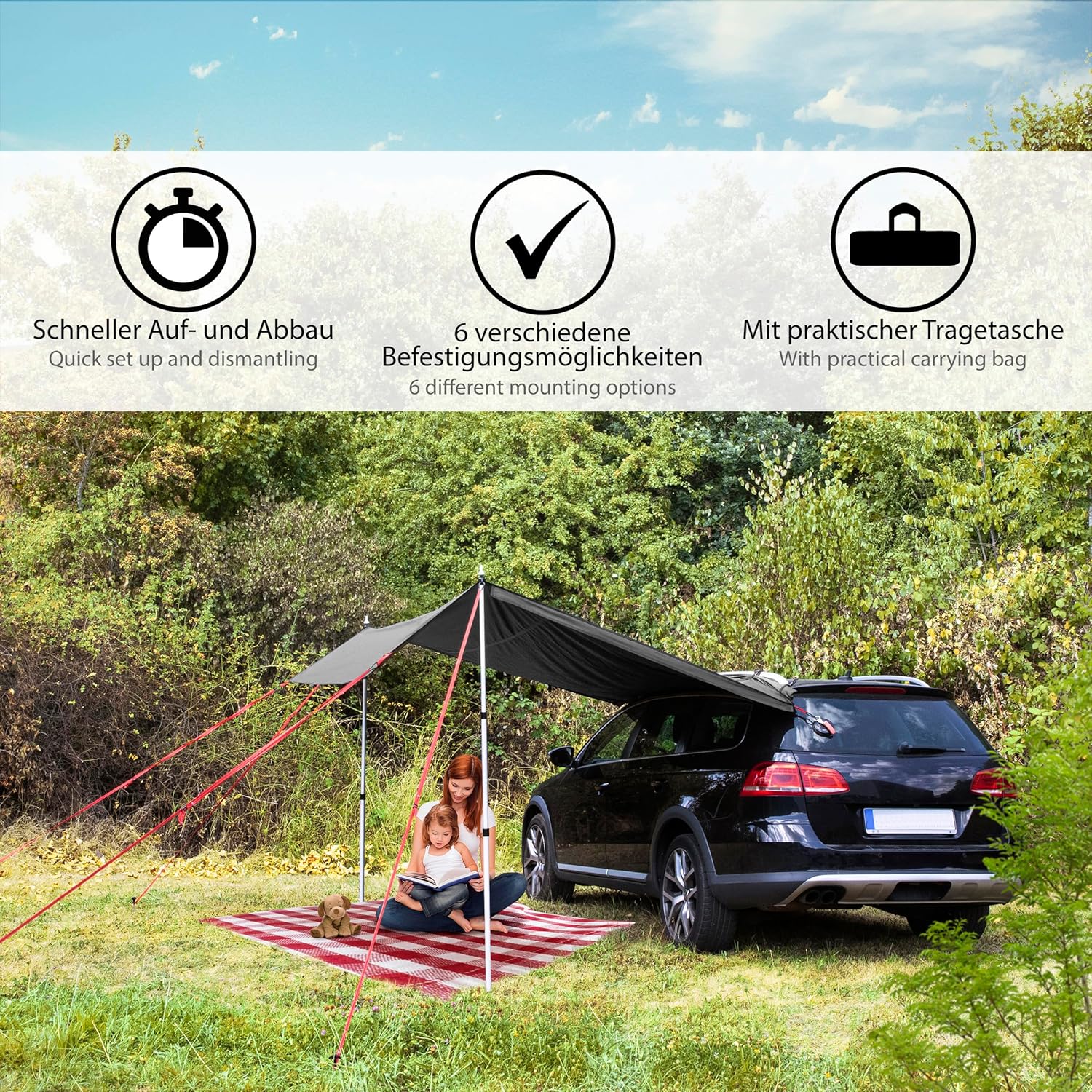 ONVAYA® Auto-Sonnensegel | Grau | Schutz vor Wind, Regen, Sonne (UV99) | 6 Aufbauvarianten | Schneller und einfacher Aufbau | Für PKW, Van und Wohnmobil