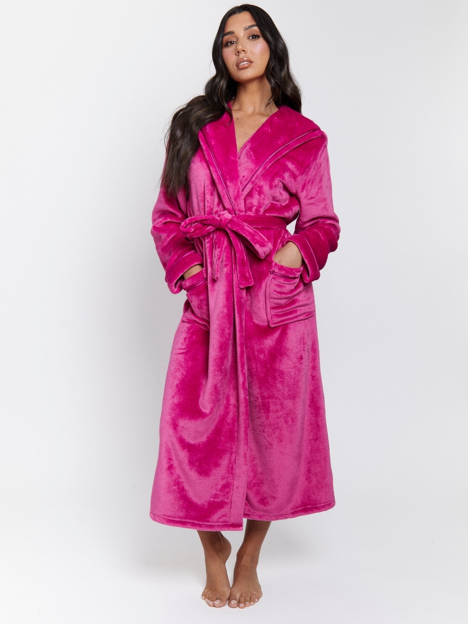 Roze - Loungeable Christmas Ribbon Trim Luxury Fleece Hooded Maxi Robe