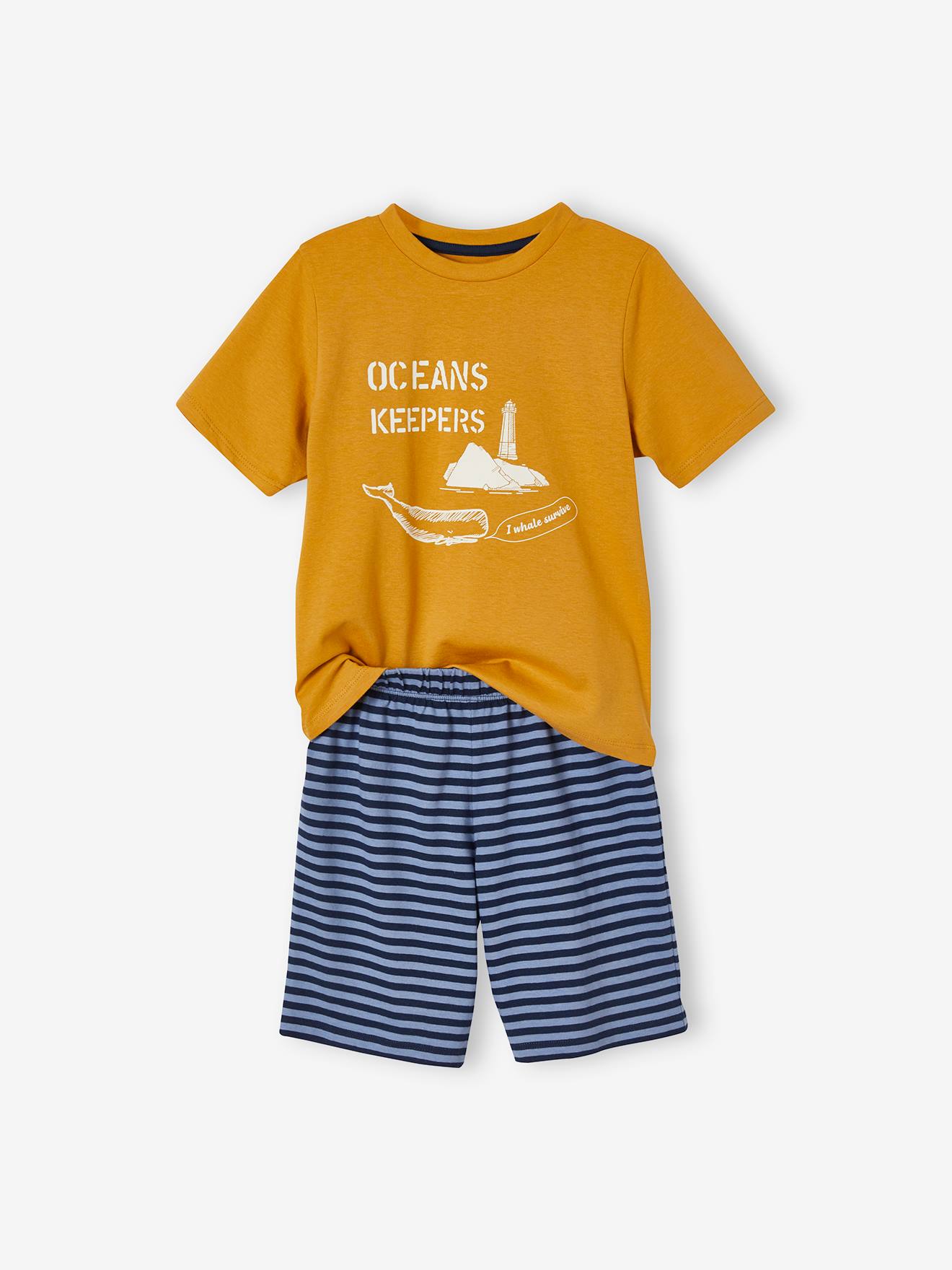 Conjunto de 2 pijamas com shorts, certificado Oeko-Tex®, para meninos, amarelo liso tamanho médio com estampa de baleia.