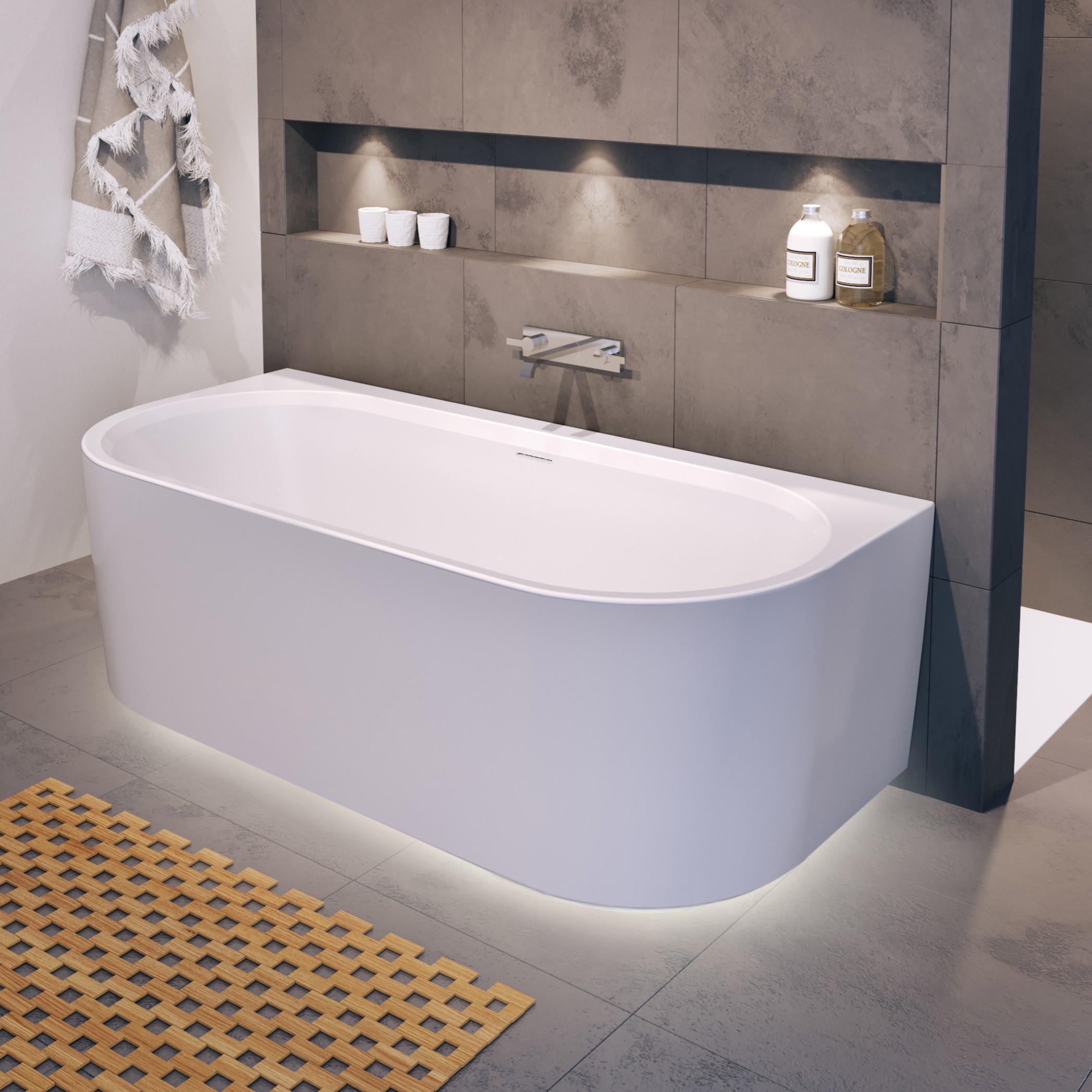 Riho Desire half vrijstaand bubbelbad sparkle mood midden 180x84cm wit mat met LED strip en Fall overloop
