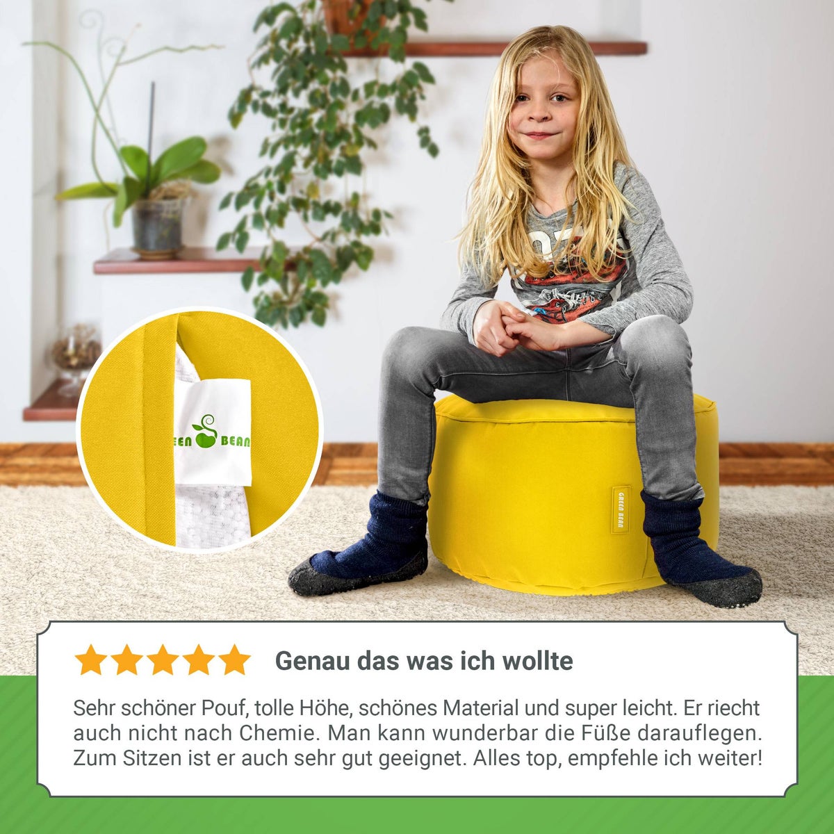 Groene Bonen Zitzak Kruk 45x25cm met EPS-korrelvulling - Voetenbank Voetkussen Zitpoef voor Zitzakken - Vloerkussen voor Kinderen en Volwassenen - Voetsteun Zitkussen Zitkruk Geel