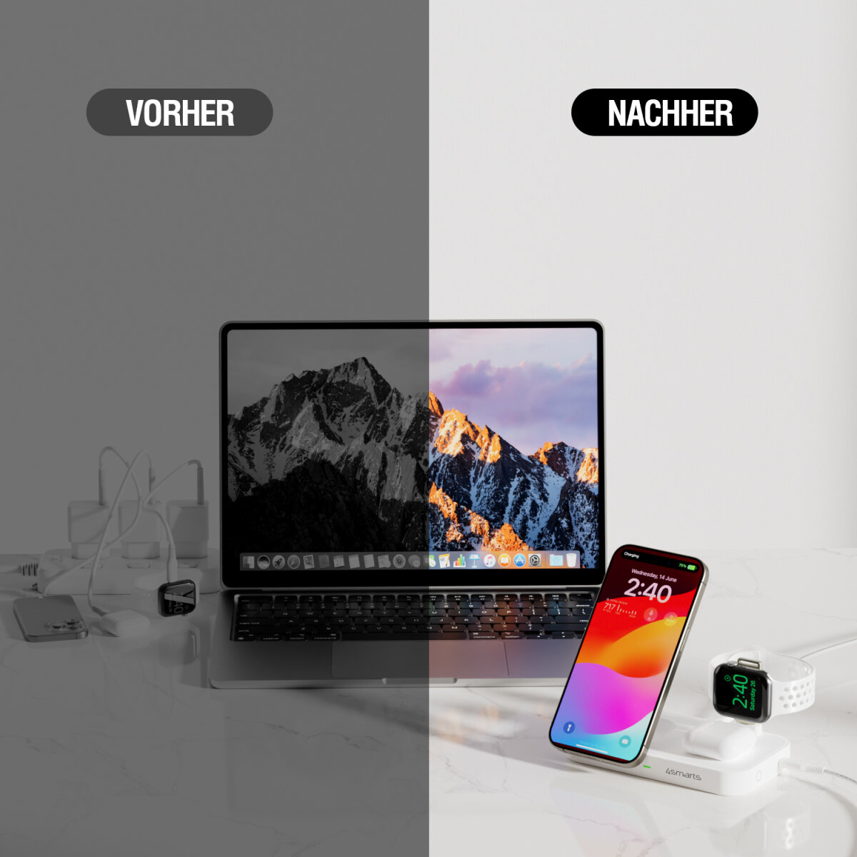 (25W) 3in1 Qi2 Trident MagSafe Wireless Charger Ladegerät inkl. (30W) Netzteil   USB C Kabel (4S540994) - Weiss