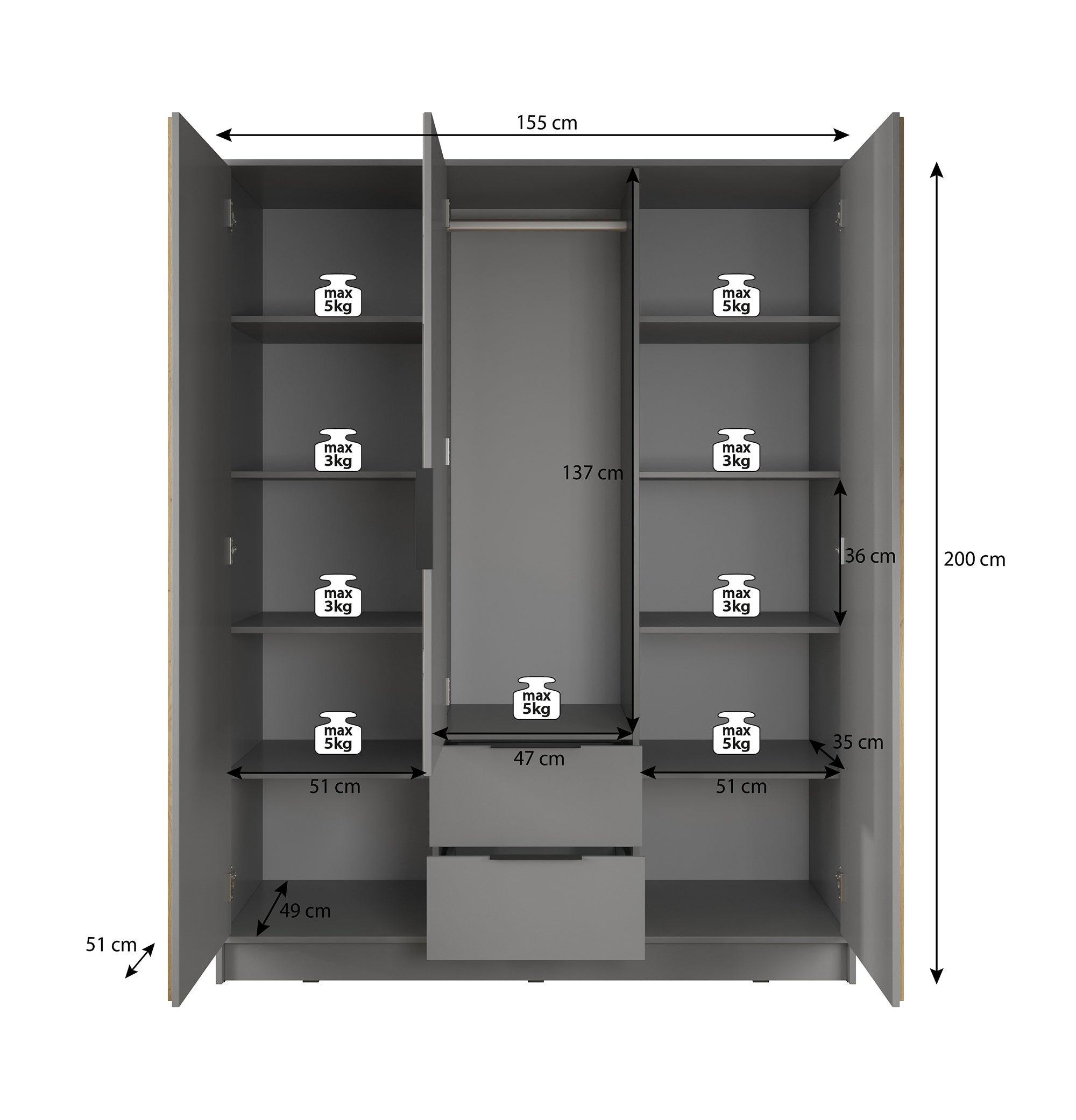 Nairobi - Kledingkast 3-deurs - Eiken/zwart - 155x51x200 cm