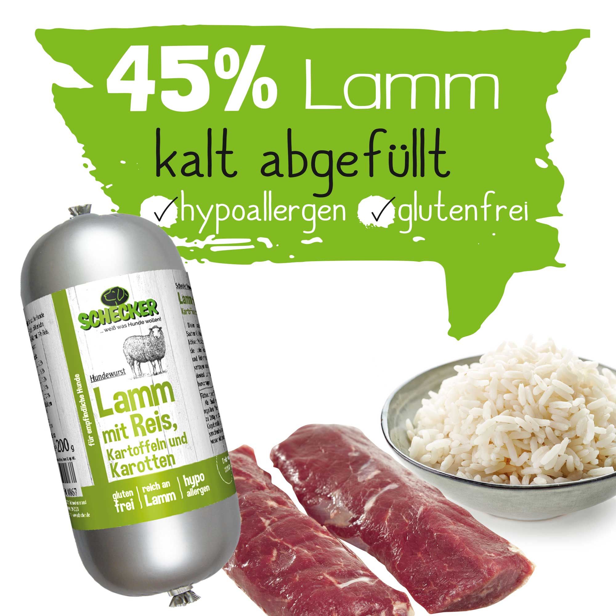Schecker Hundewurst mit Lamm und Reis - fettarm - auch für Allergiker
