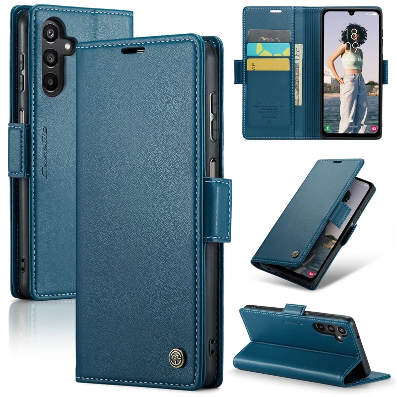 Samsung Galaxy A16 Leder Tasche Flip Wallet Etui mit Kartenfächern Litchi Look (RFID Schutz) - Blaugrün