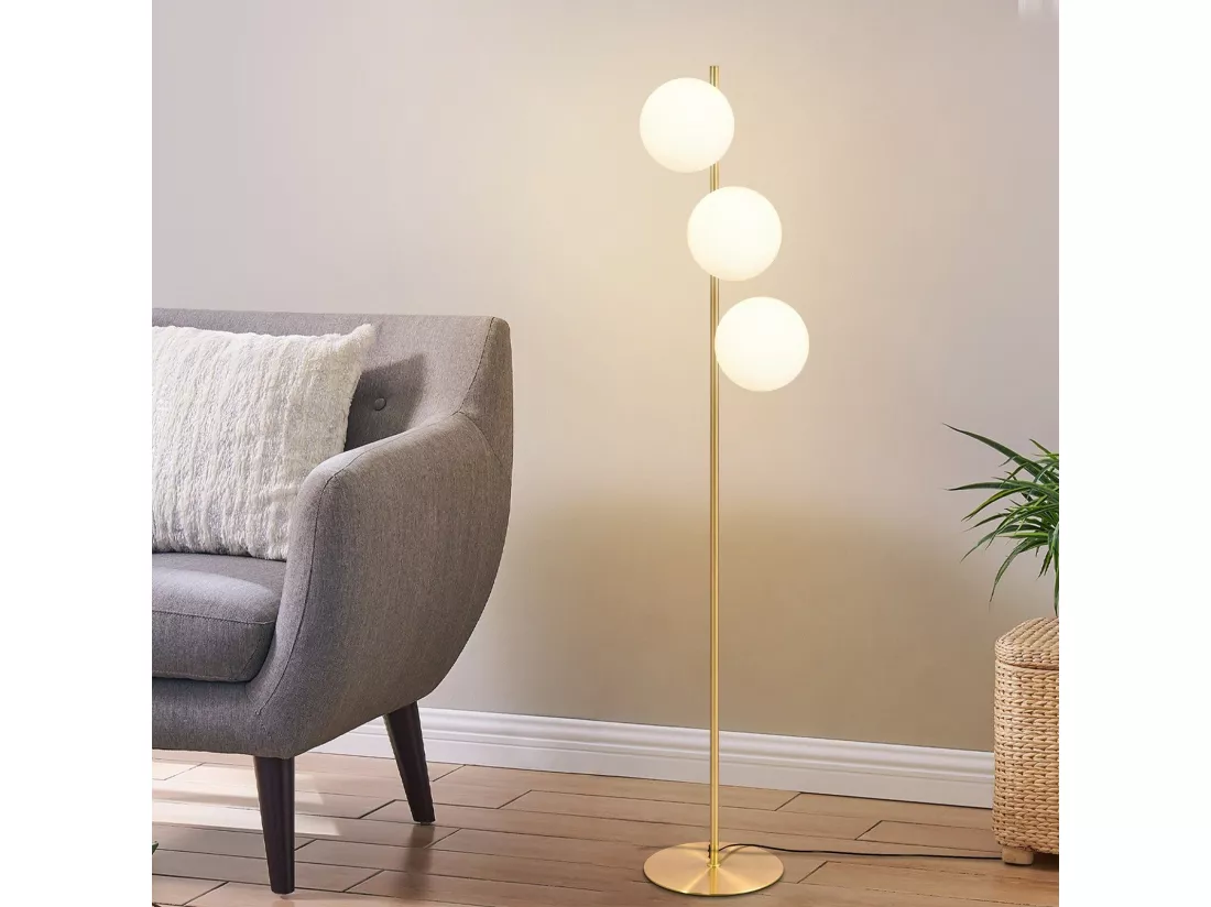 NETTLIFE Lampadaire Moderne - Lampadaire Salon E27 Or Design Lampe à 3 Flammes avec Interrupteur à Pied Métal Blanc Verre Industriel Lampe de Sol