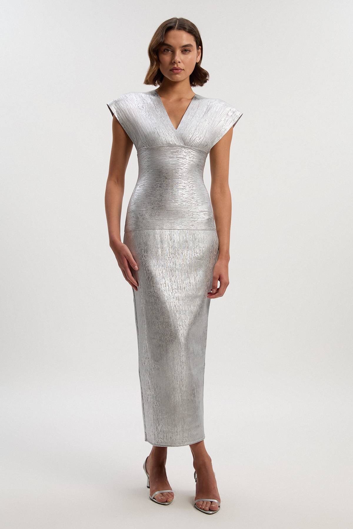 KarenMillen Robe Maxi Tricot à Manches Ange et Finition Métallique