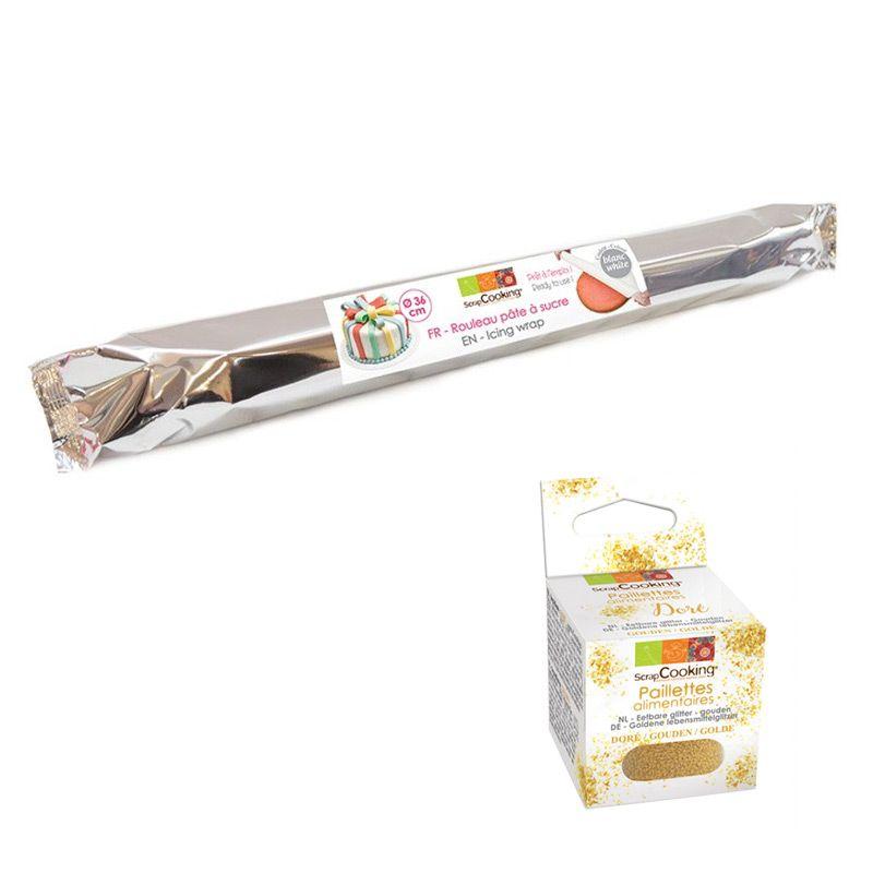 Rouleau de pâte à sucre blanche Ø 36 cm + paillettes dorées Scrapcooki