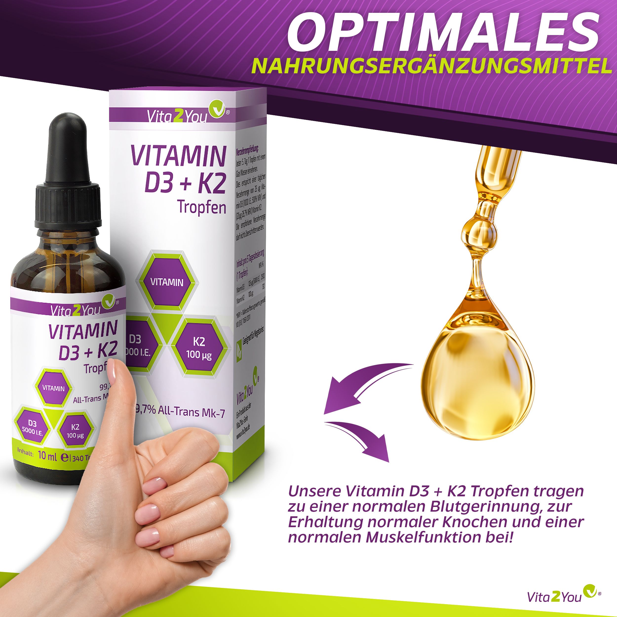 Vita2You Vitamin D3 + K2 Tropfen 5000IE - 100µg Vitamin K2