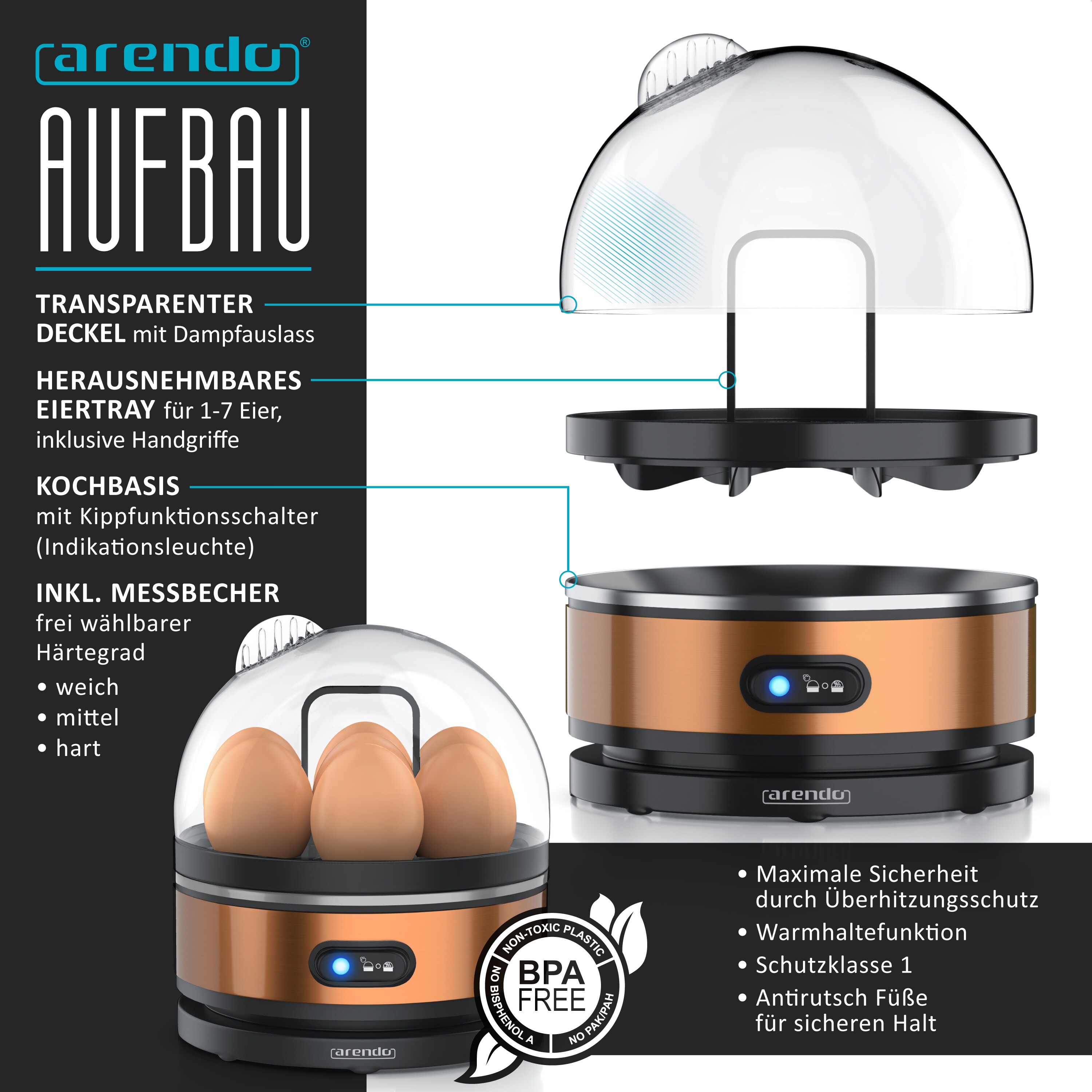 Arendo - SET Toaster FRUKOST mit Eierkocher SEVENCOOK Edelstahl Kupfer, Toaster 2 Scheiben, LED-Display, 6 Bräunungsgrade, Brötchenhalter - Eierkocher