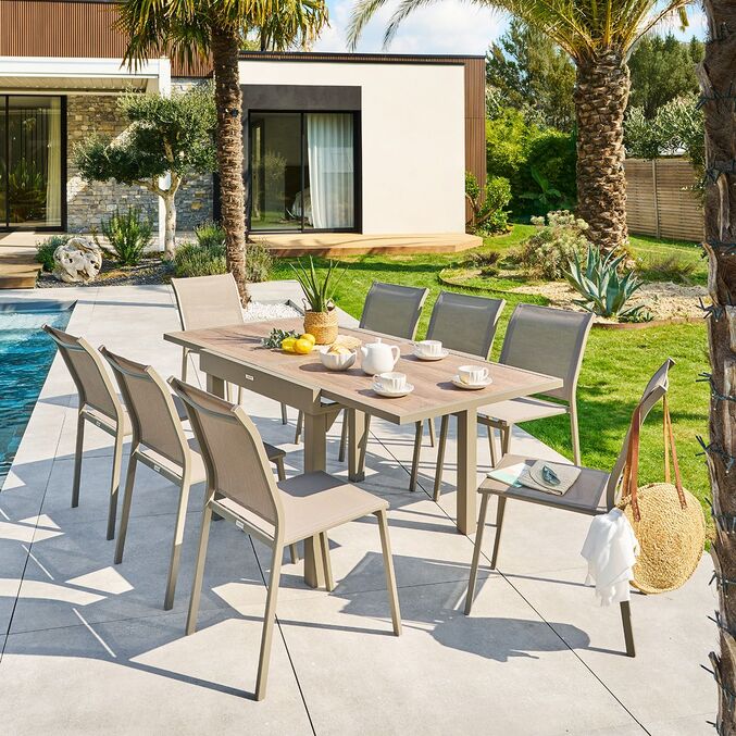 Ensemble table de jardin extensible PIAZZA  + 8 fauteuils PIAZZA Truffe & Café
