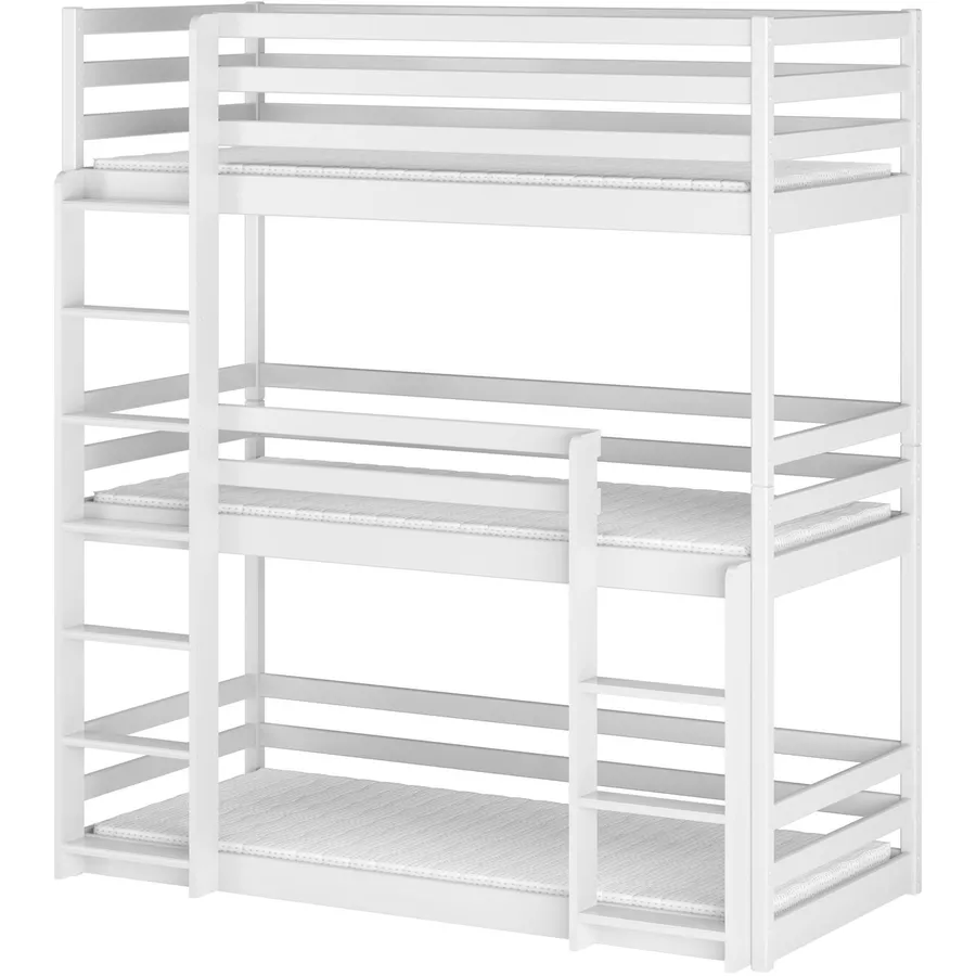 Kids Collective Hochbett 90x200 Dreier-Etagenbett für Erwachsene & Kinder, Stockbett für 3 weiß mit 3 Matratzen