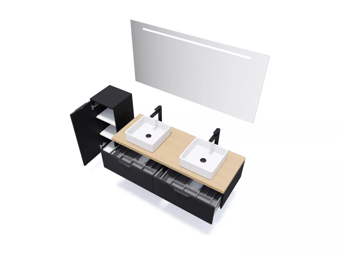 Meuble de salle de bain suspendu 2 vasques à poser 140cm 2 tiroirs Noir - Soho