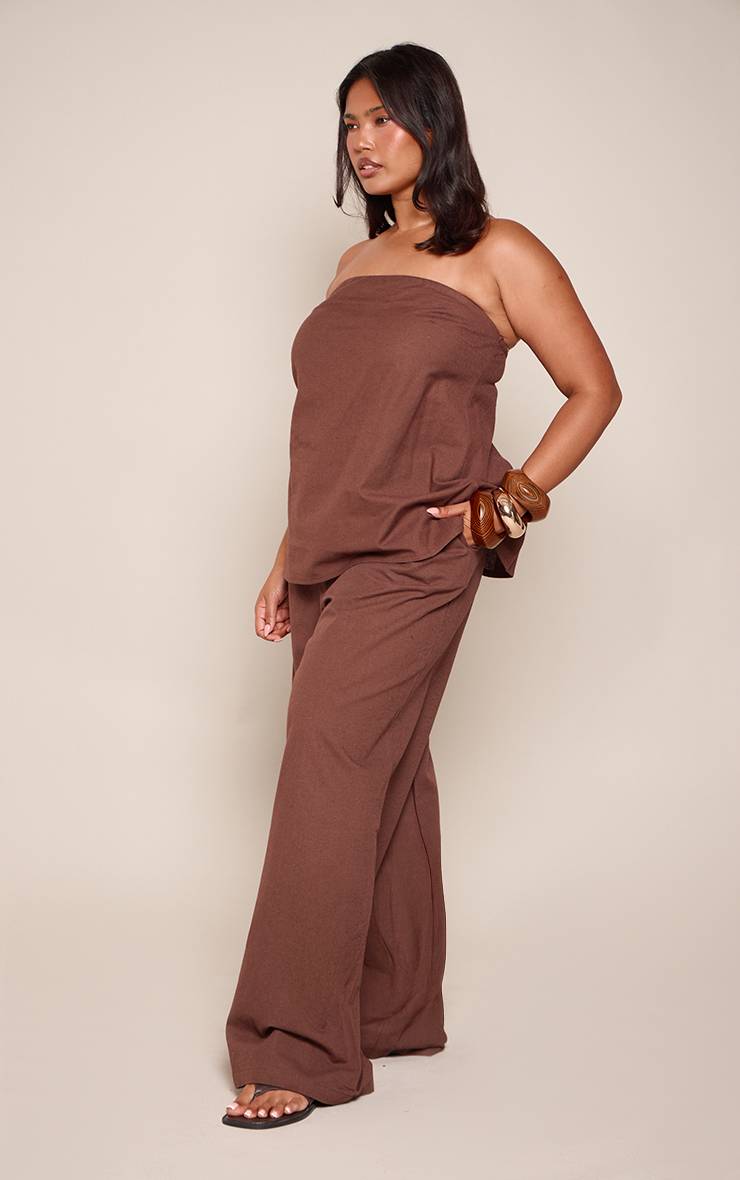 Chocolat Pantalon Large Grande Taille Aspect Lin Ensemble Coordonné