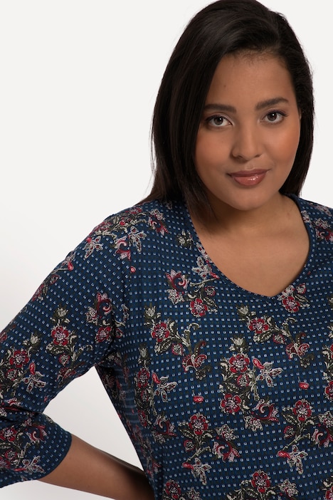 Longshirt, A-Line, Blüten Print, Bordüre, V-Ausschnitt, 3/4-Arm