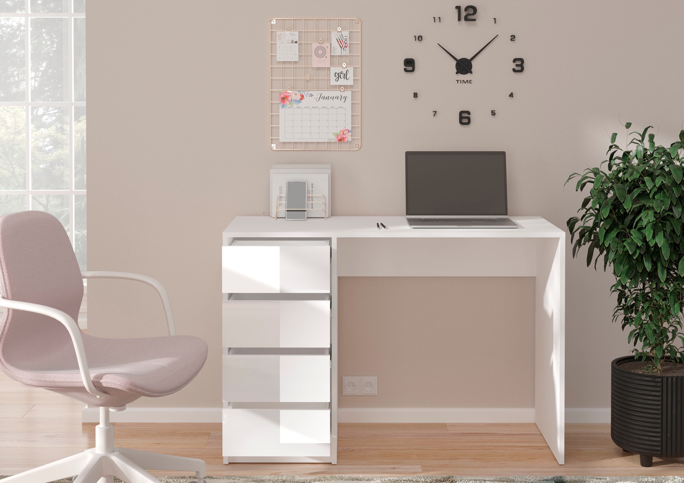 INOSIGN Schreibtisch »Pisa, Breite 110 cm, 4 Schubkästen, hochglanz Schubkastenfront« grifflose Optik, individuell einsetzbar, Schminktisch, Homeoffice