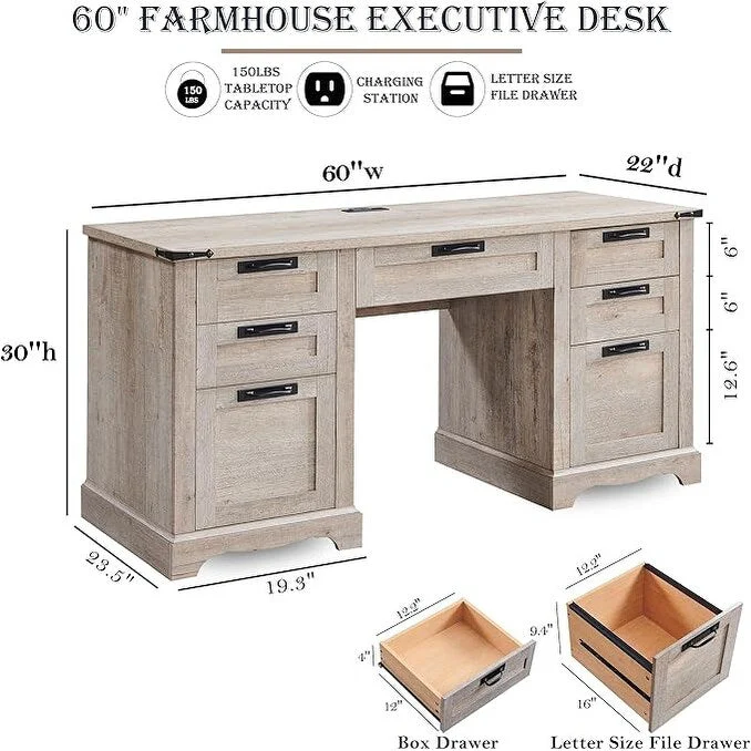 60 Farmhouse Executive Desk, Wood Home Office Desk, Computer Desk