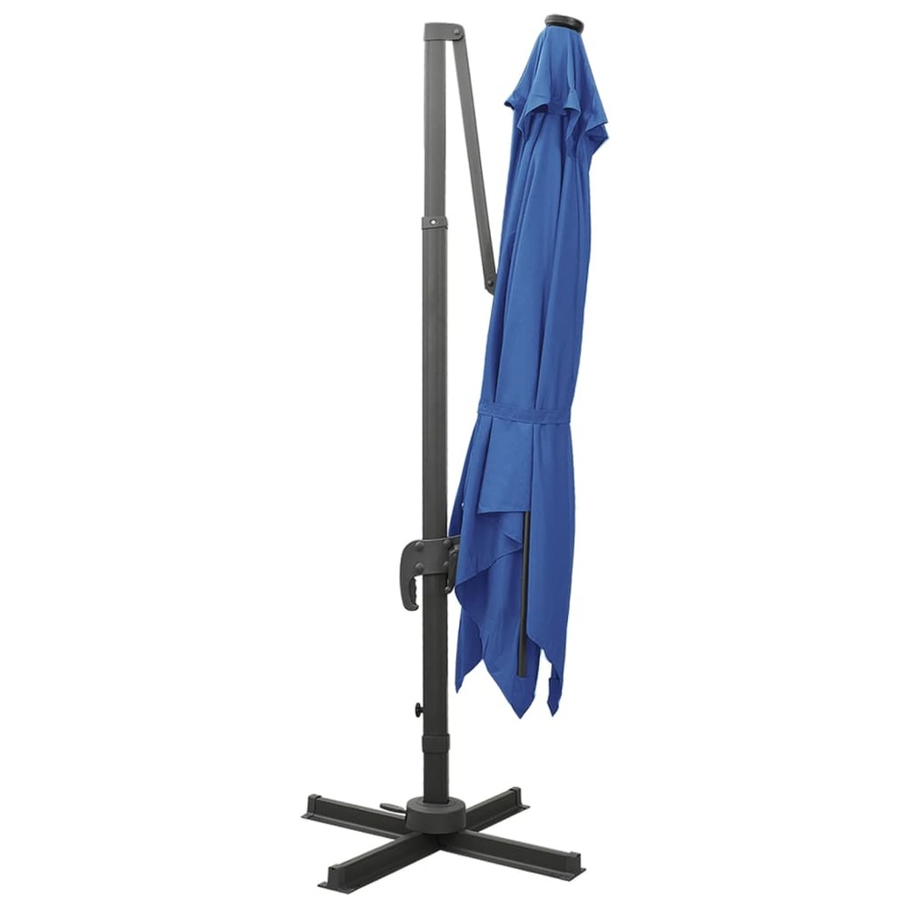 Parasol meuble de jardin déporté avec mât et lumières led 300 cm bleu azur