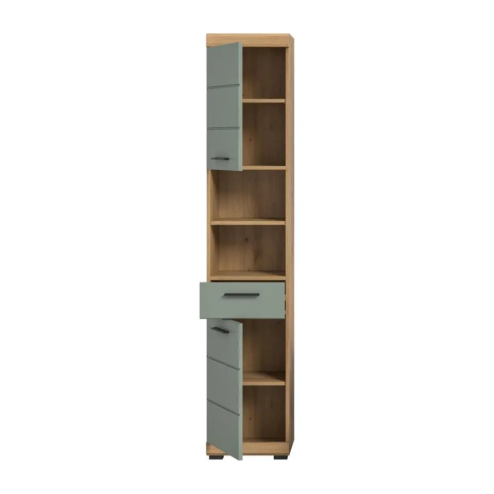 Hioshop Scout kolomkast 2 deuren- 1 lade- 2 planken salvie decor- eiken decor