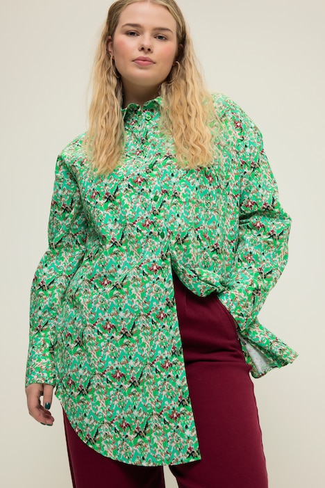 Hemdbluse, oversized, Tribalprint, Knopfleiste, Hemdkragen