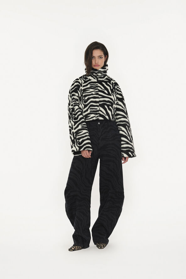 ROTATE Birger Christensen FAUX FUR CROP JACKET Zebra upscale aop