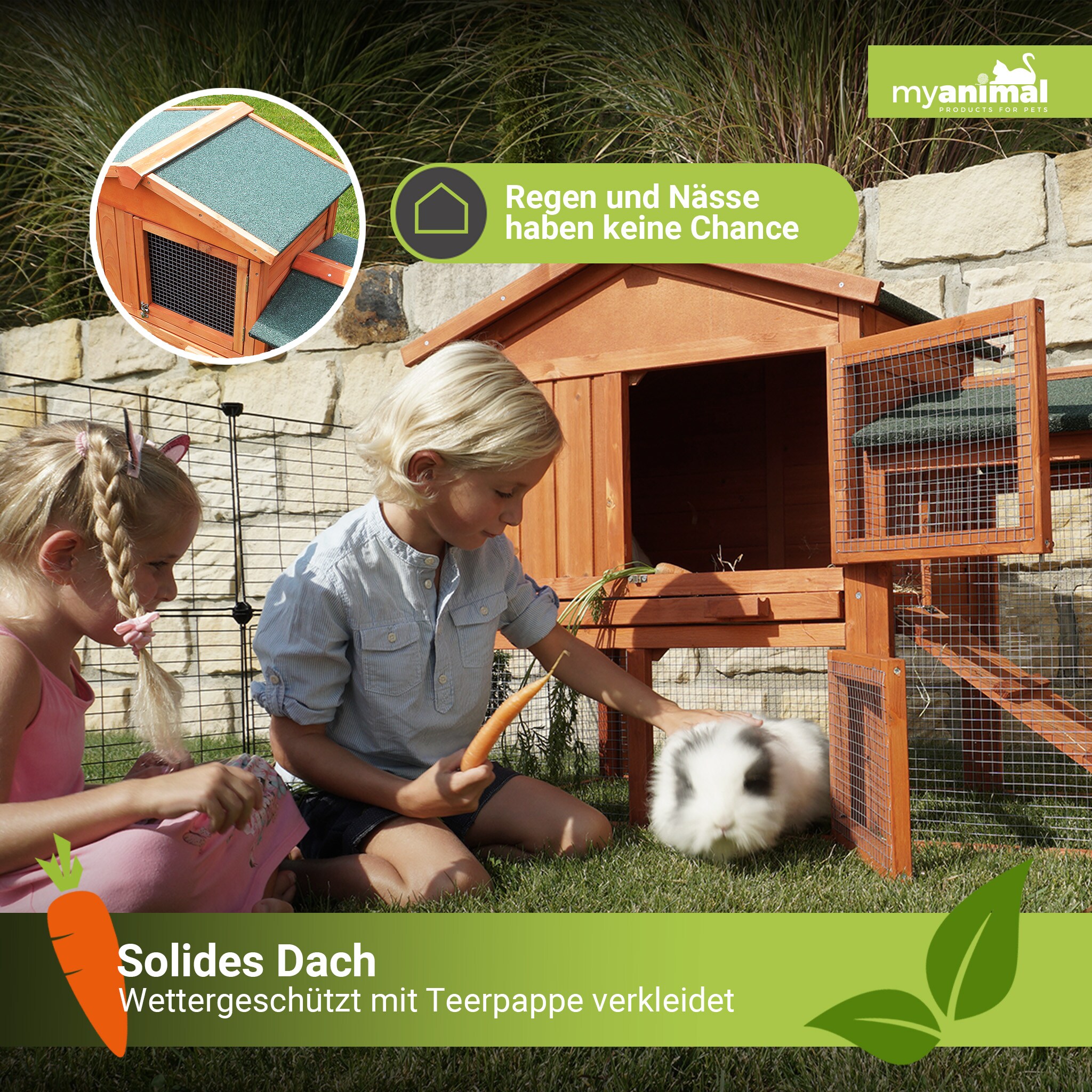 MyAnimal Hasenstall MH-03 Doppelstockhaus mit Garten, Freilauf, abnehmbares Dach, verzinkter Draht (Braun 2.0)