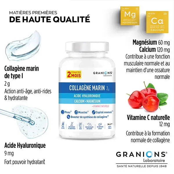 Granions Collagène Marin – Collagène Comprimés Acide Hyaluronique Format 2 Mois