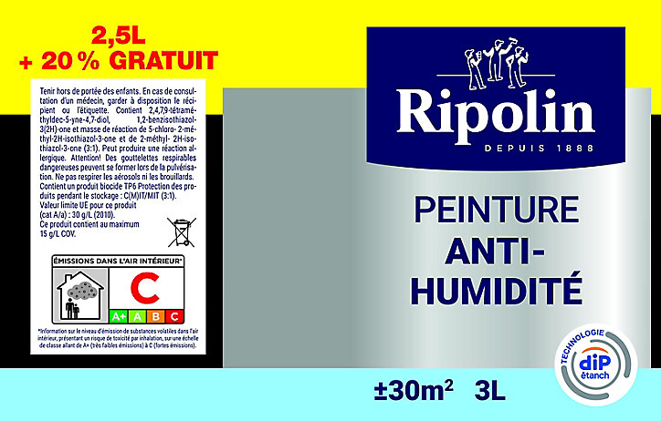 Peinture anti-humidité blanc satin Ripolin 2,5L + 20% gratuit