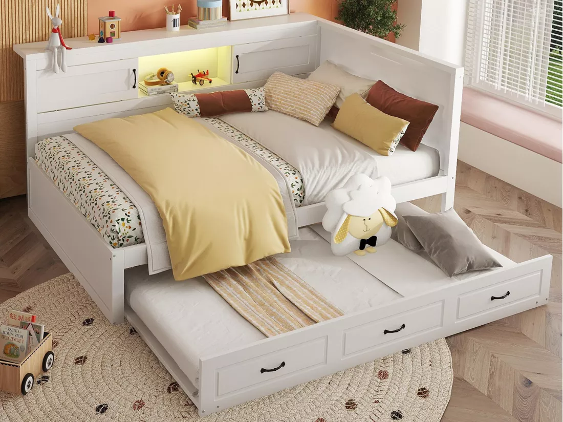 Lit banquette 140x200cm avec LED et prises - avec un lit gigogne 90x190cm - Blanc