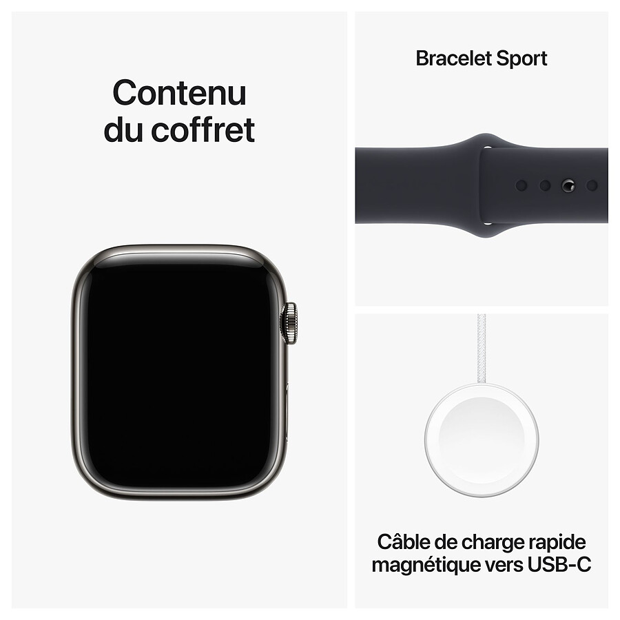 Apple Watch Series 9 GPS + Cellular - Acier Inoxydable Graphite - Bracelet Sport Band Minuit - 41 mm - Taille S/M