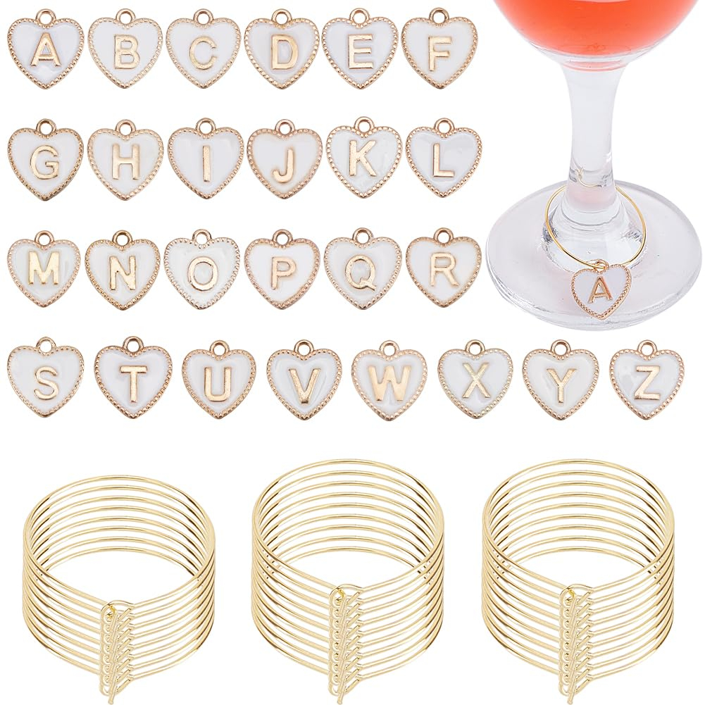 (26er Set) Glas Markierer Wiederverwendbare Trinkglas Buchstaben A-Z Herz Charms Markierungs Anhänger inkl. Aufbewahrungs Beutel - Weiss